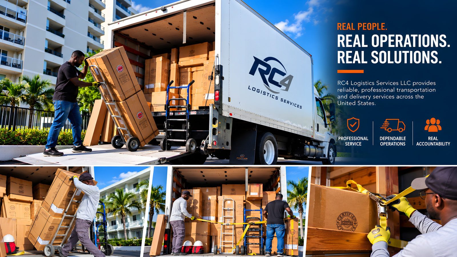 RC4 Logistics crew unloading boxes on hand trucks from an RC4 Logistics Services box truck and securing cargo with ratchet straps