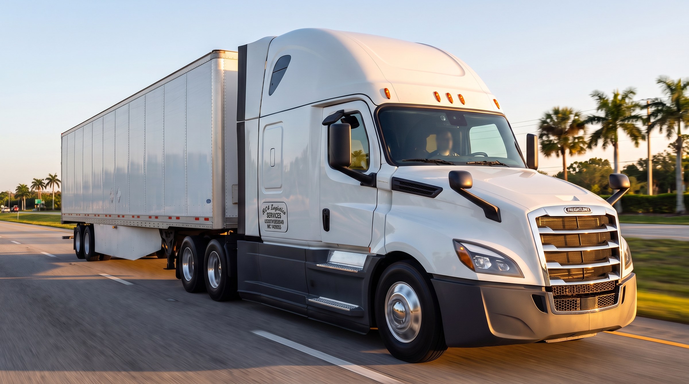 RC4 Logistics white Freightliner Cascadia tractor on the highway