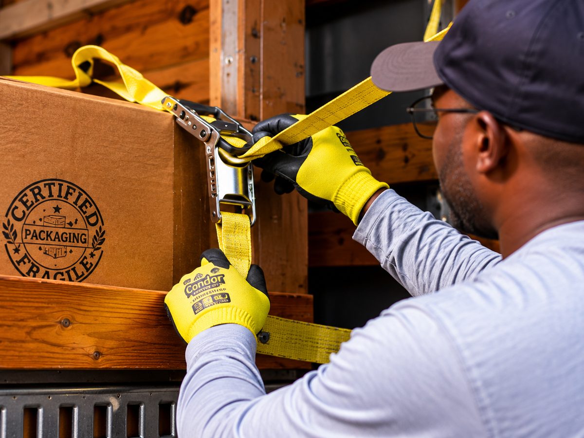 RC4 Logistics worker in work gloves tightening a ratchet strap to secure boxed cargo